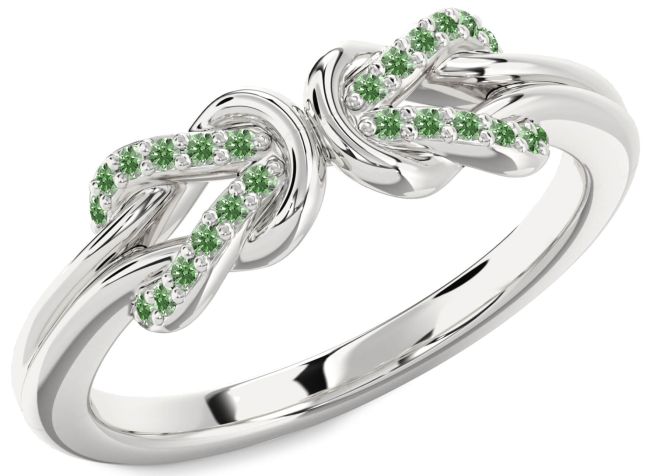 Green Diamond Silver Infinity Knot Round Ring