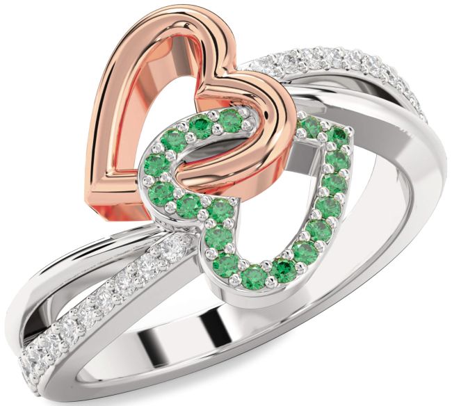 Diamond Emerald Rose Gold Silver Heart Ring