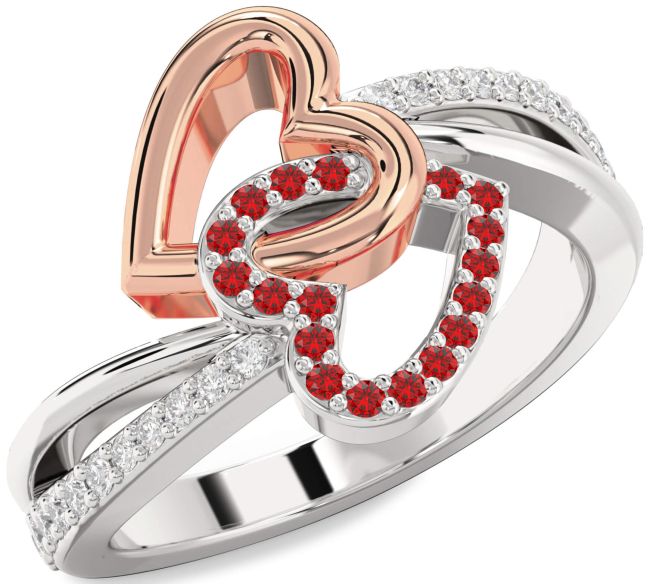 Diamond Ruby Rose Gold Silver Heart Ring