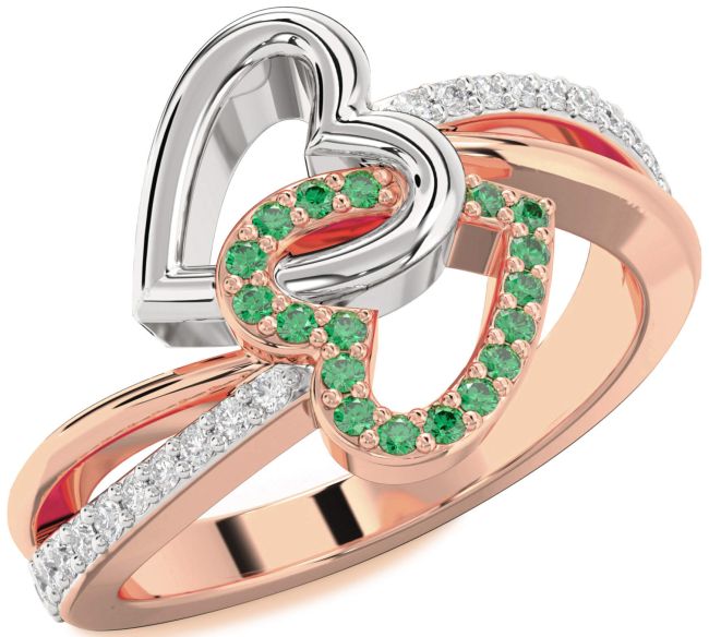 Diamond Emerald Rose Gold Silver Heart Ring