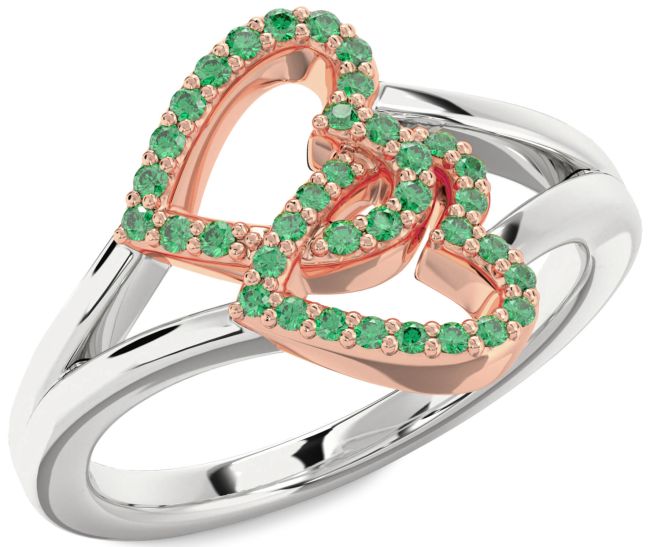 Emerald Rose Gold Silver Heart Ring