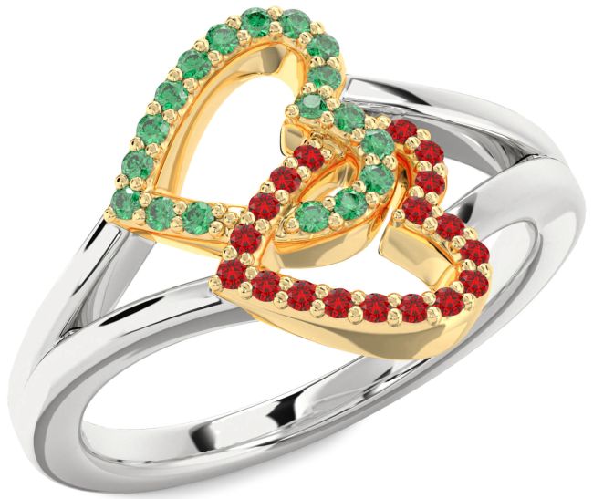 Emerald & Ruby Gold Silver Heart Promise Ring