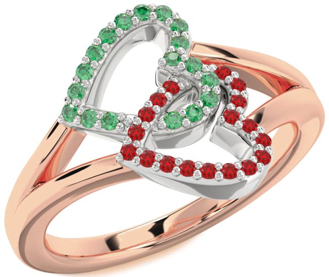 Emerald & Ruby Rose Gold Silver Heart Promise Ring