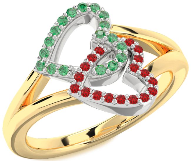Emerald & Ruby Gold Silver Heart Promise Ring