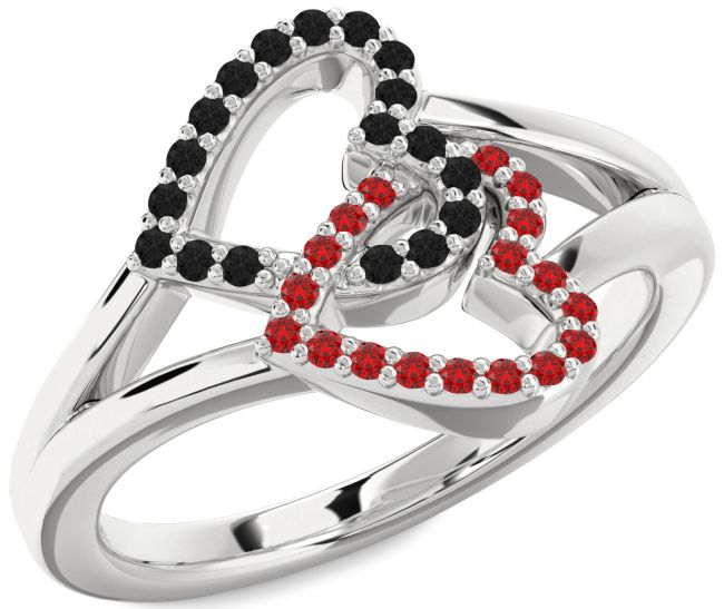 Black Diamond & Ruby Silver Heart Promise Ring