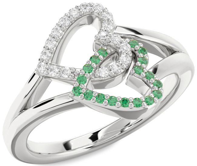 Emerald & Diamond Silver Heart Promise Ring