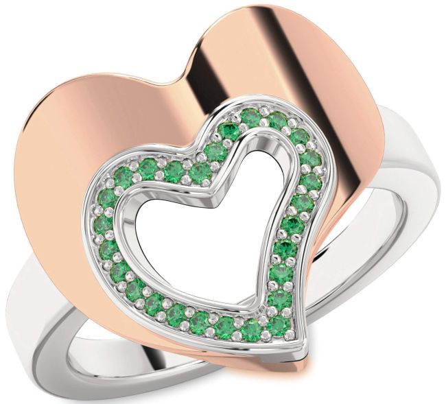 Emerald Rose Gold Silver Heart Ring
