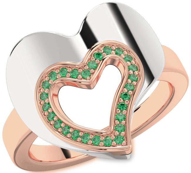 Emerald Rose Gold Silver Heart Ring