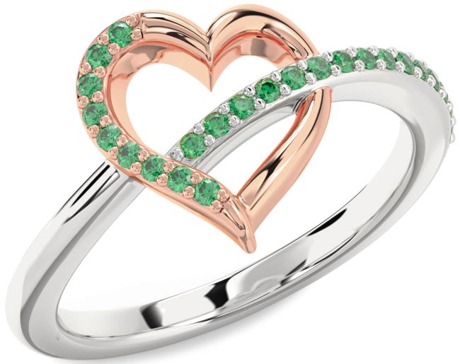 Emerald Rose Gold Silver Heart Ring