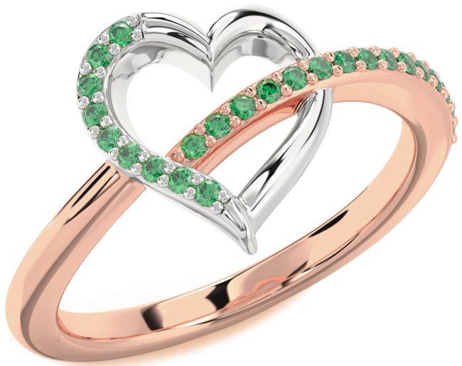 Emerald Rose Gold Silver Heart Ring