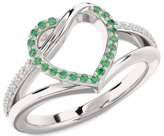 Diamond Emerald Silver Heart Ring