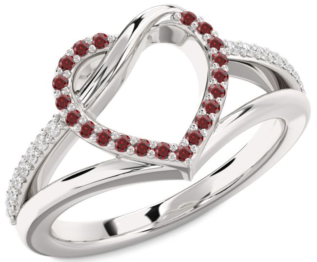 Diamond Garnet Platinum Heart Ring