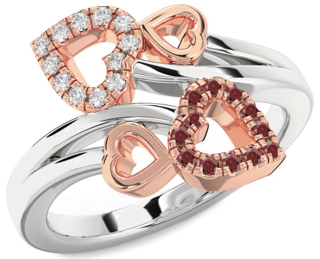 Diamond & Garnet Silver & 10K Rose Gold Heart Promise Ring
