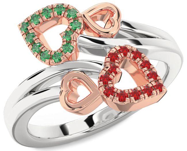 Emerald & Ruby Rose Gold Silver Heart Promise Ring