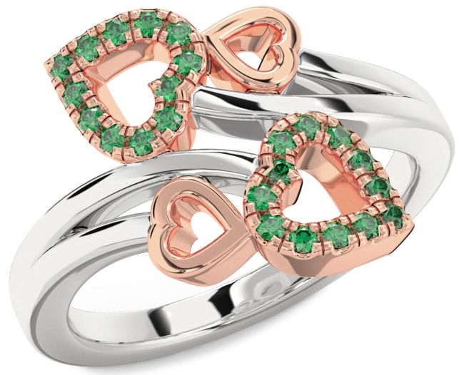 Emerald Rose Gold Silver Heart Ring