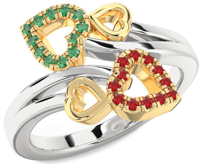 Emerald & Ruby Gold Silver Heart Promise Ring
