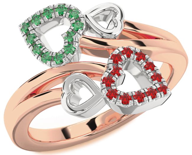 Emerald & Ruby Rose Gold Silver Heart Promise Ring