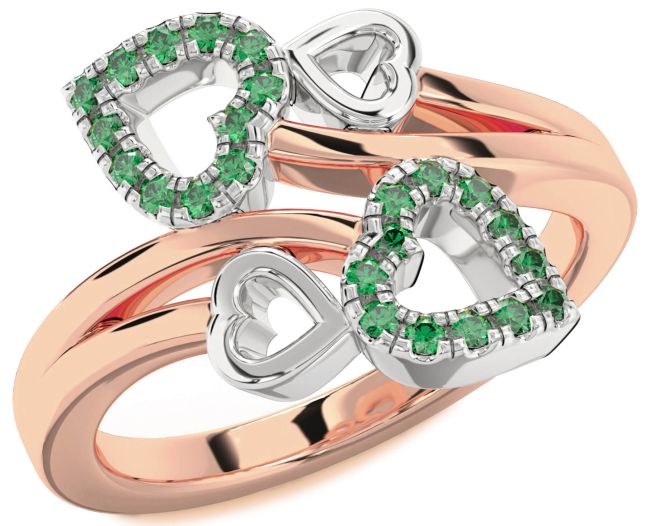 Emerald Rose Gold Silver Heart Ring