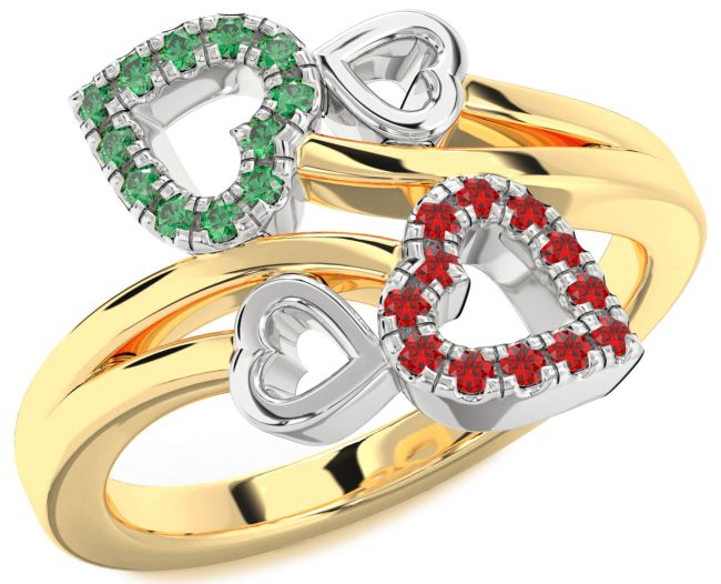Emerald & Ruby Gold Silver Heart Promise Ring