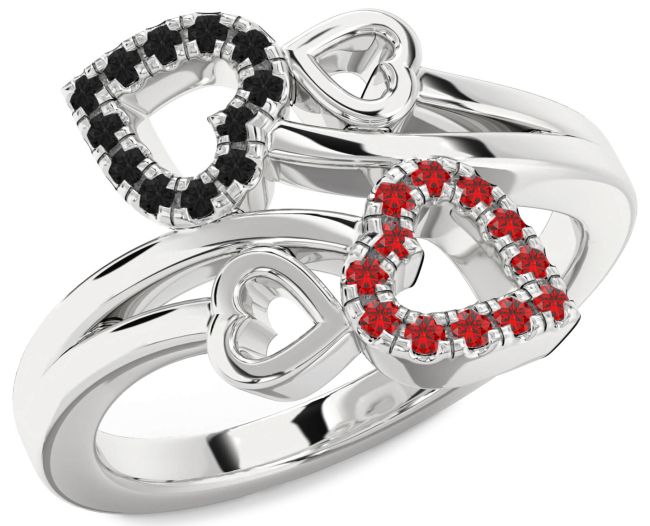 Black Diamond & Ruby Silver Heart Promise Ring