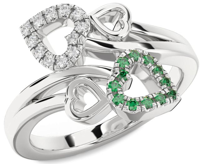 Emerald & Diamond Silver Heart Promise Ring