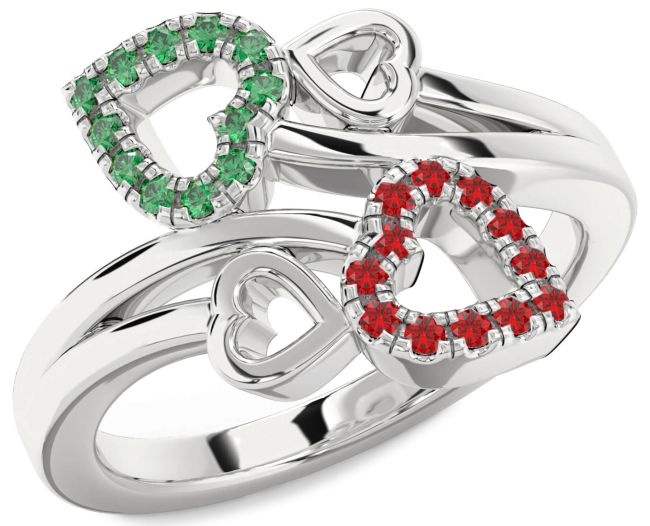 Emerald & Ruby Silver Heart Promise Ring