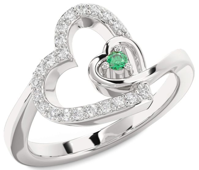 Diamond Emerald Silver Heart Promise Ring