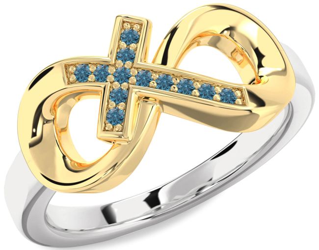 Blue Diamond Gold Silver Infinity Cross Ring