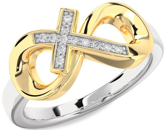 Diamond White Yellow Gold Infinity Cross Ring