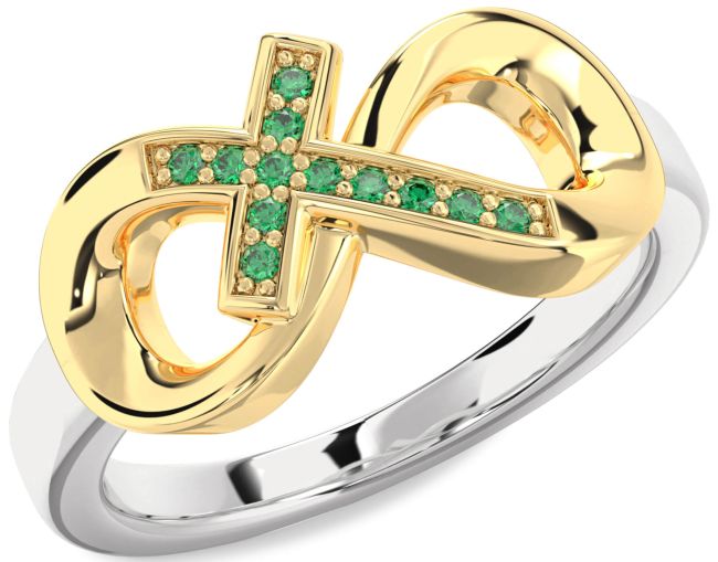 Emerald Gold Silver Infinity Cross Ring