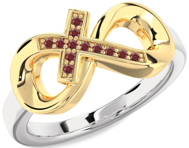 Garnet Gold Silver Infinity Cross Ring