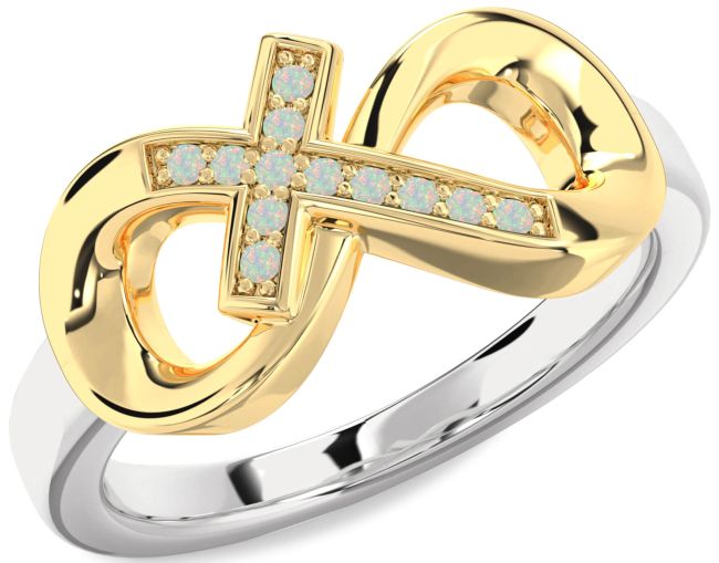 Opal Gold Silver Infinity Cross Ring