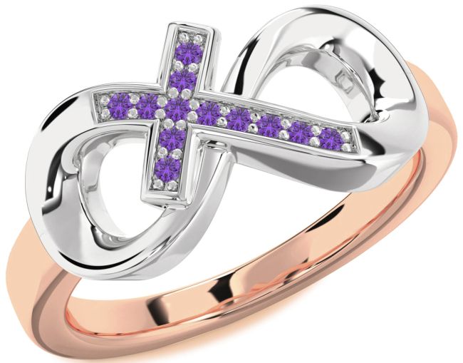 Amethyst Rose Gold Silver Infinity Cross Ring