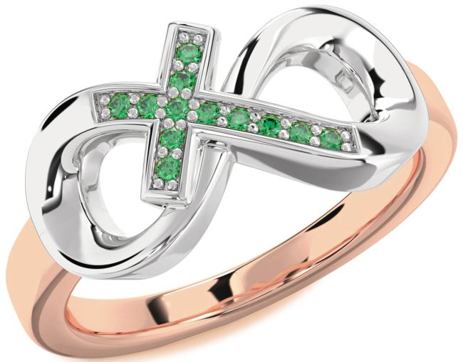 Emerald Rose Gold Silver Infinity Cross Ring