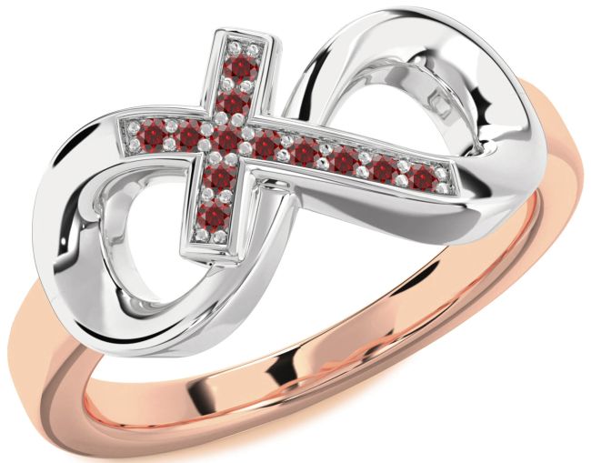 Garnet Rose Gold Silver Infinity Cross Ring