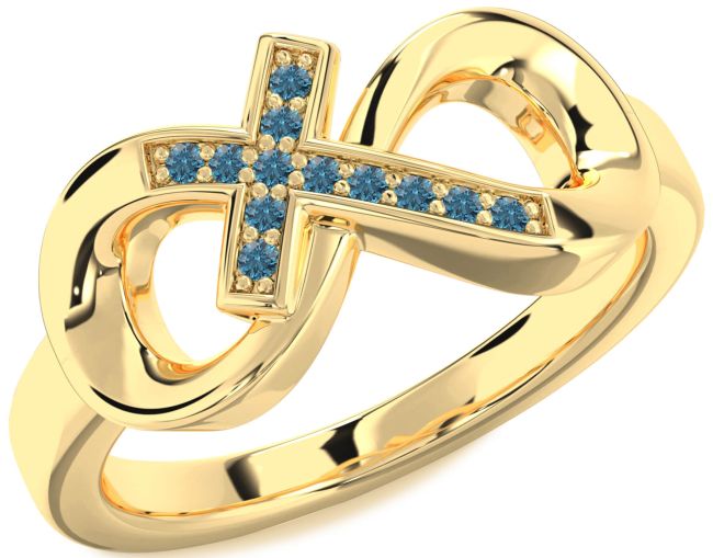 Blue Diamond Gold Silver Infinity Cross Ring