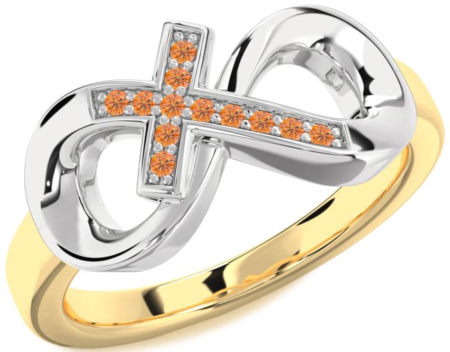 Citrine Gold Silver Infinity Cross Ring