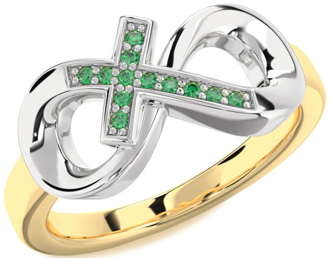 Emerald Gold Silver Infinity Cross Ring