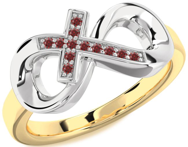 Garnet Gold Silver Infinity Cross Ring