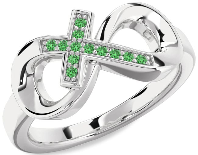 Green Sapphire Silver Infinity Cross Ring