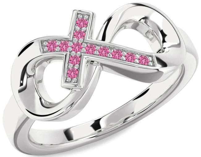 Pink Sapphire Silver Infinity Cross Ring
