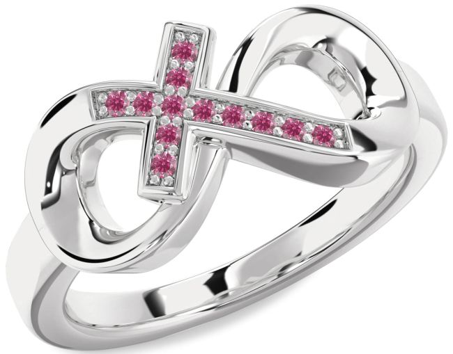 Pink Tourmaline Silver Infinity Cross Ring