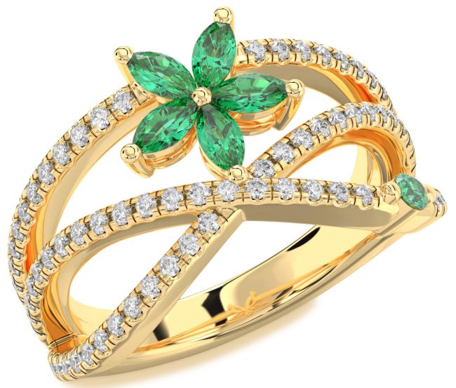 Diamond Emerald Gold Flower Marquise Two Stone Ring