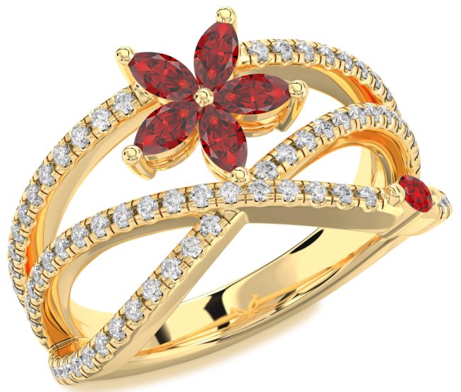 Diamond Ruby Gold Flower Marquise Two Stone Ring