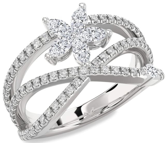 Diamond Silver Flower Marquise Two Stone Ring