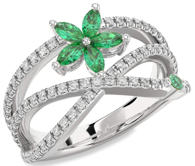 Diamond Emerald Silver Flower Marquise Two Stone Ring