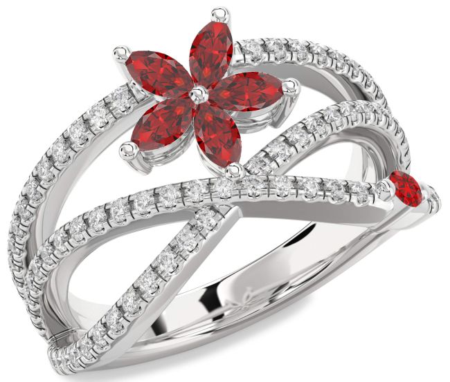 Diamond Ruby Silver Flower Marquise Two Stone Ring
