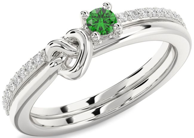 Diamond Emerald Silver Heart Knot Promise Ring