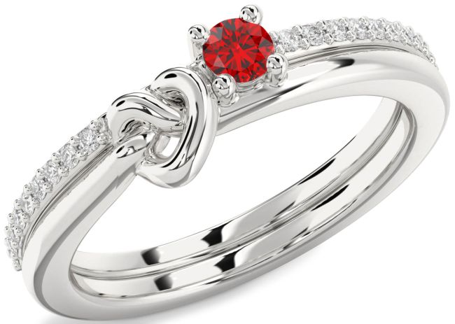 Diamond Ruby Silver Heart Knot Promise Ring