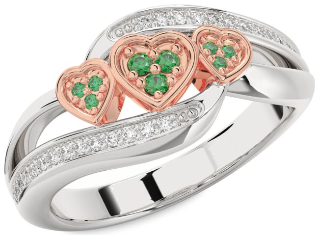 Diamond Emerald Rose Gold Silver Heart Ring
